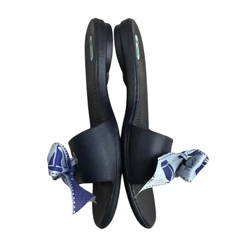 Oka-B Navy Comfort Slide Sandals Blue Sailboat Bow Women Size L (10-11) Made USA